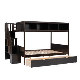 Wooden Twin over Full Bunk Bed with Shelfs, Storage Staircase and 2 Drawers