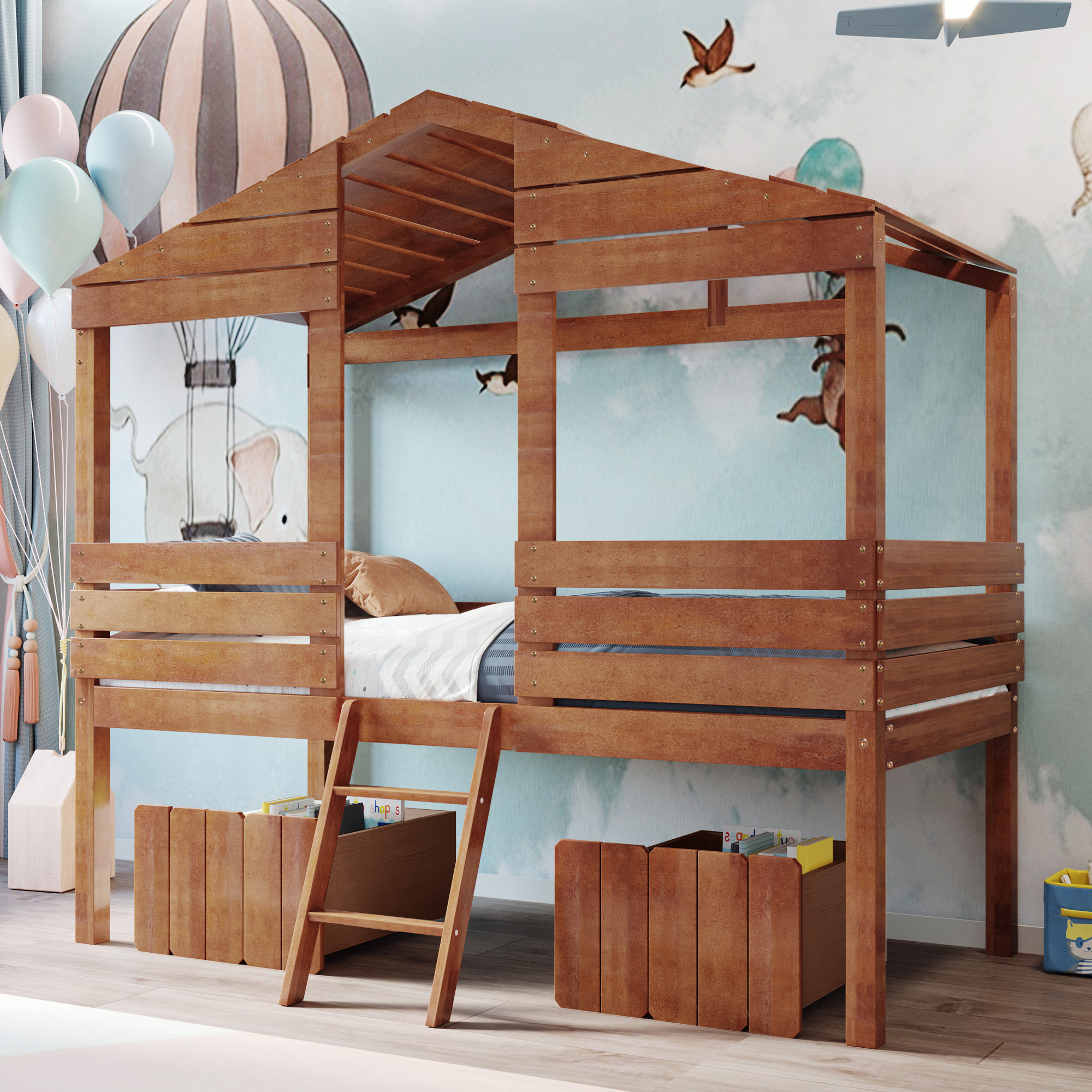 House Shape Twin Size Low Loft Bed With Two Drawers