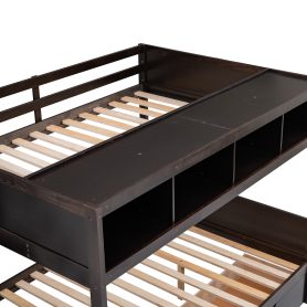 Wooden Twin over Full Bunk Bed with Shelfs, Storage Staircase and 2 Drawers