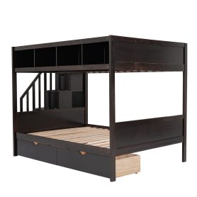 Wooden Twin over Full Bunk Bed with Shelfs, Storage Staircase and 2 Drawers
