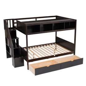 Wooden Twin over Full Bunk Bed with Shelfs, Storage Staircase and 2 Drawers