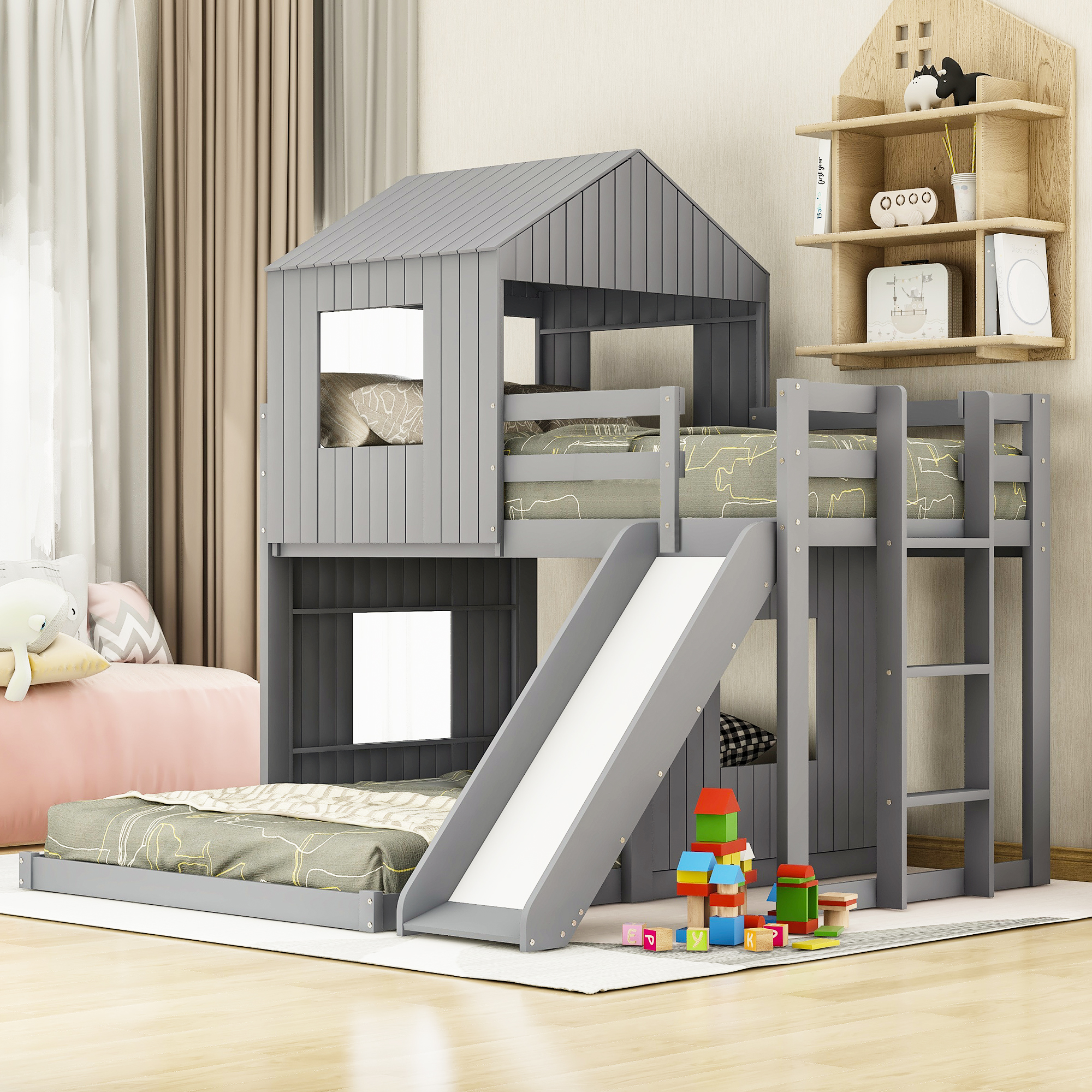 Twin Over Full Bunk Bed With Playhouse, Ladder, Slide And Guardrails