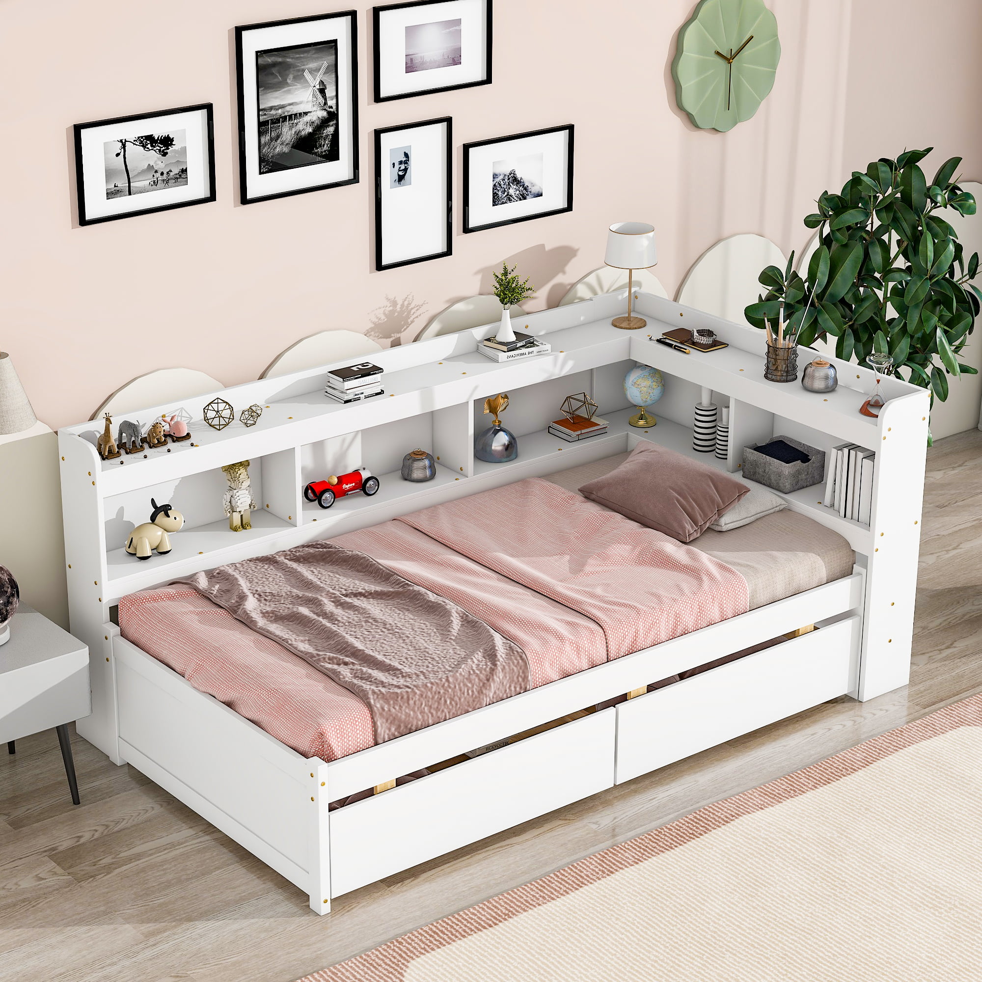 Twin Size Daybed with L-Shaped Bookcases, and Drawers