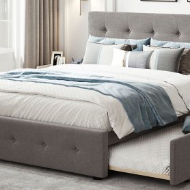 Queen Size Upholstered Platform Bed With 2 Drawers And 1 Twin Xl Trundle