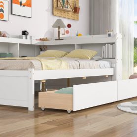 Wooden Full Daybed With L-Shaped Bookcases and Drawers