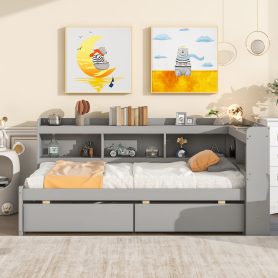 Twin Size Daybed with L-Shaped Bookcases, and Drawers