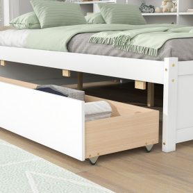 Wooden Full Daybed With Side Bookcase and Drawers