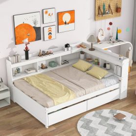 Wooden Full Daybed With L-Shaped Bookcases and Drawers