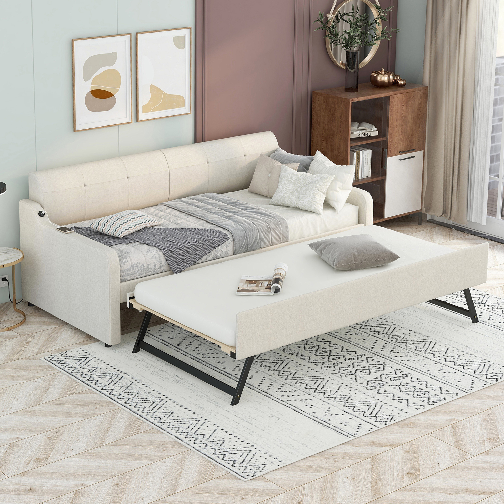 Twin Size Upholstery DayBed with Trundle and USB Charging