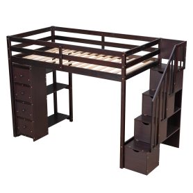 Twin Size Loft Bed With Storage Drawers And Stairs, and Shelves