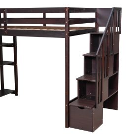 Twin Size Loft Bed With Storage Drawers And Stairs, and Shelves