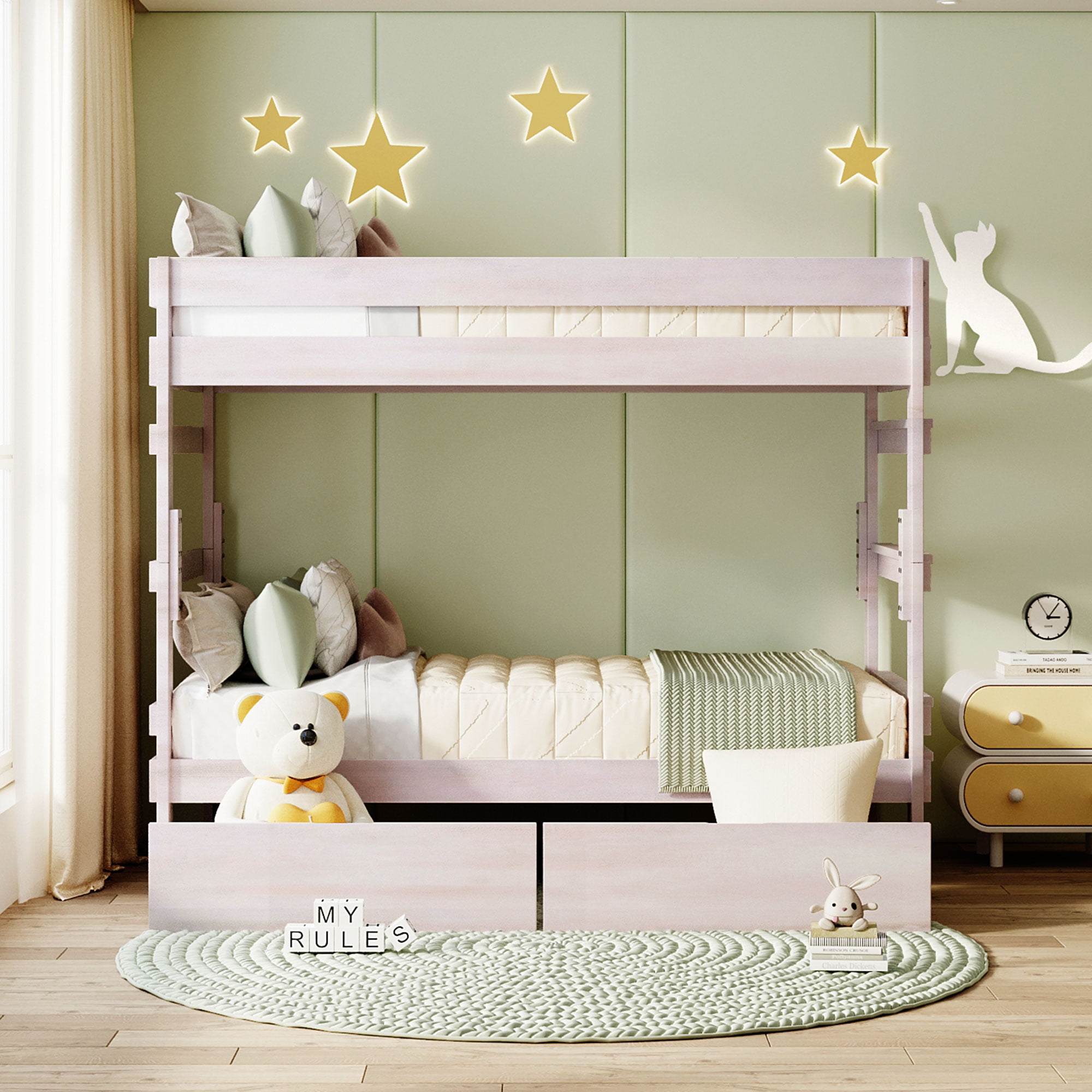 Wooden Twin Over Twin Bunk Bed With 2 Drawers