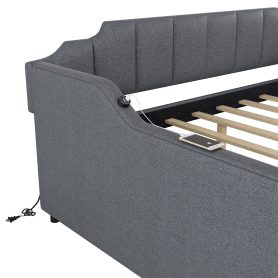 Full Size Upholstery Daybed with Trundle and USB Charging Design