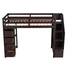 Twin Size Loft Bed With Storage Drawers And Stairs, and Shelves