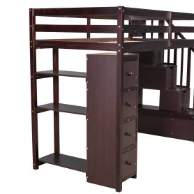 Twin Size Loft Bed With Storage Drawers And Stairs, and Shelves