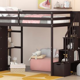Twin Size Loft Bed With Storage Drawers And Stairs, and Shelves