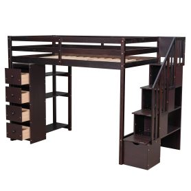 Twin Size Loft Bed With Storage Drawers And Stairs, and Shelves