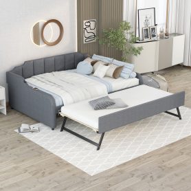 Full Size Upholstery Daybed with Trundle and USB Charging Design