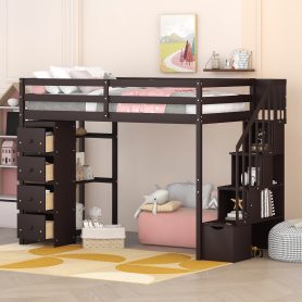 Twin Size Loft Bed With Storage Drawers And Stairs, and Shelves