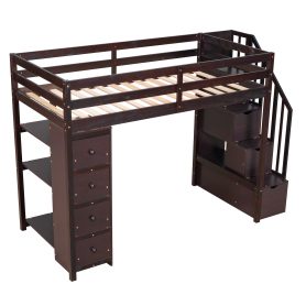 Twin Size Loft Bed With Storage Drawers And Stairs, and Shelves