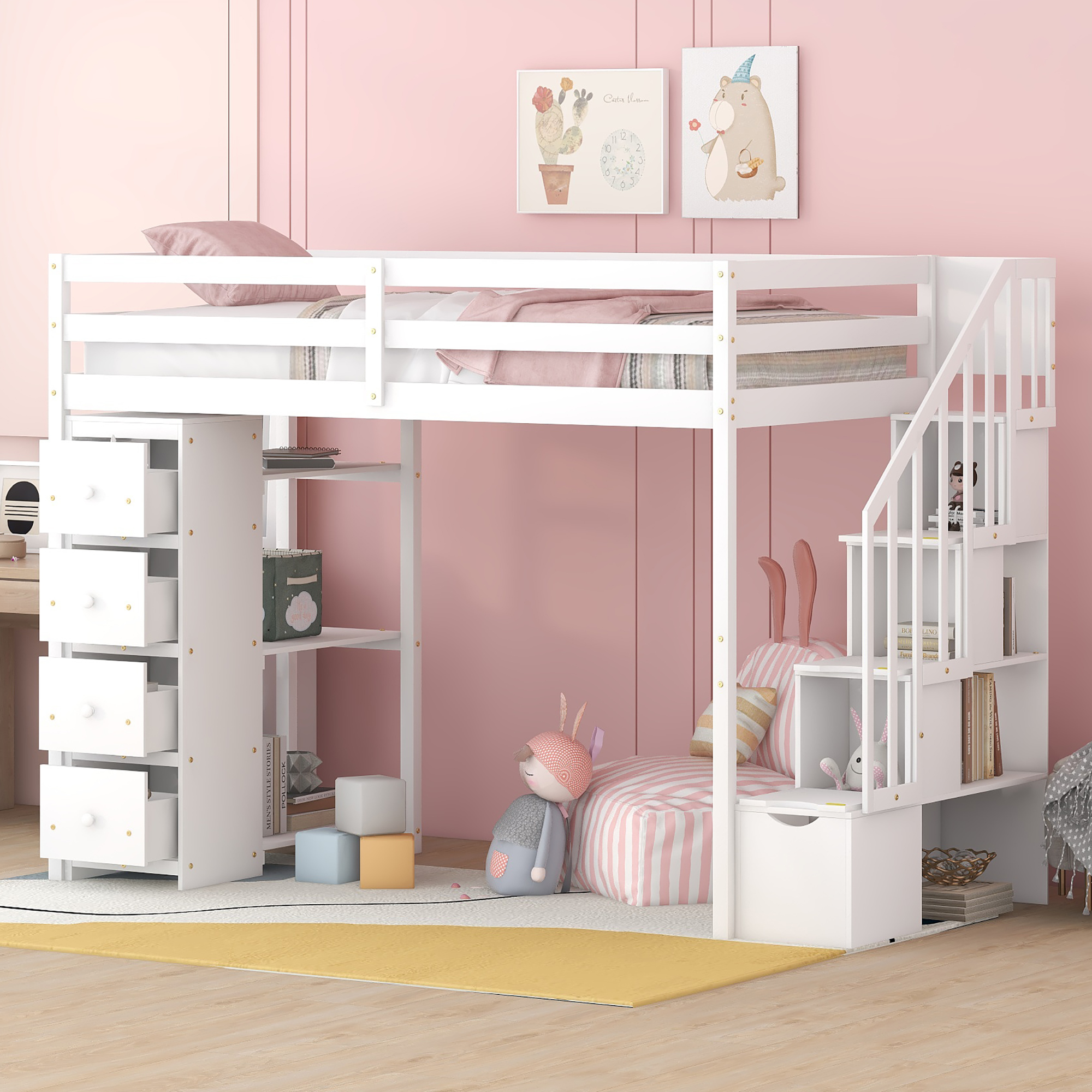Twin Size Loft Bed With Storage Drawers And Stairs, and Shelves