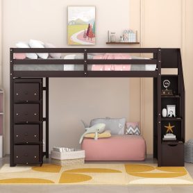 Twin Size Loft Bed With Storage Drawers And Stairs, and Shelves