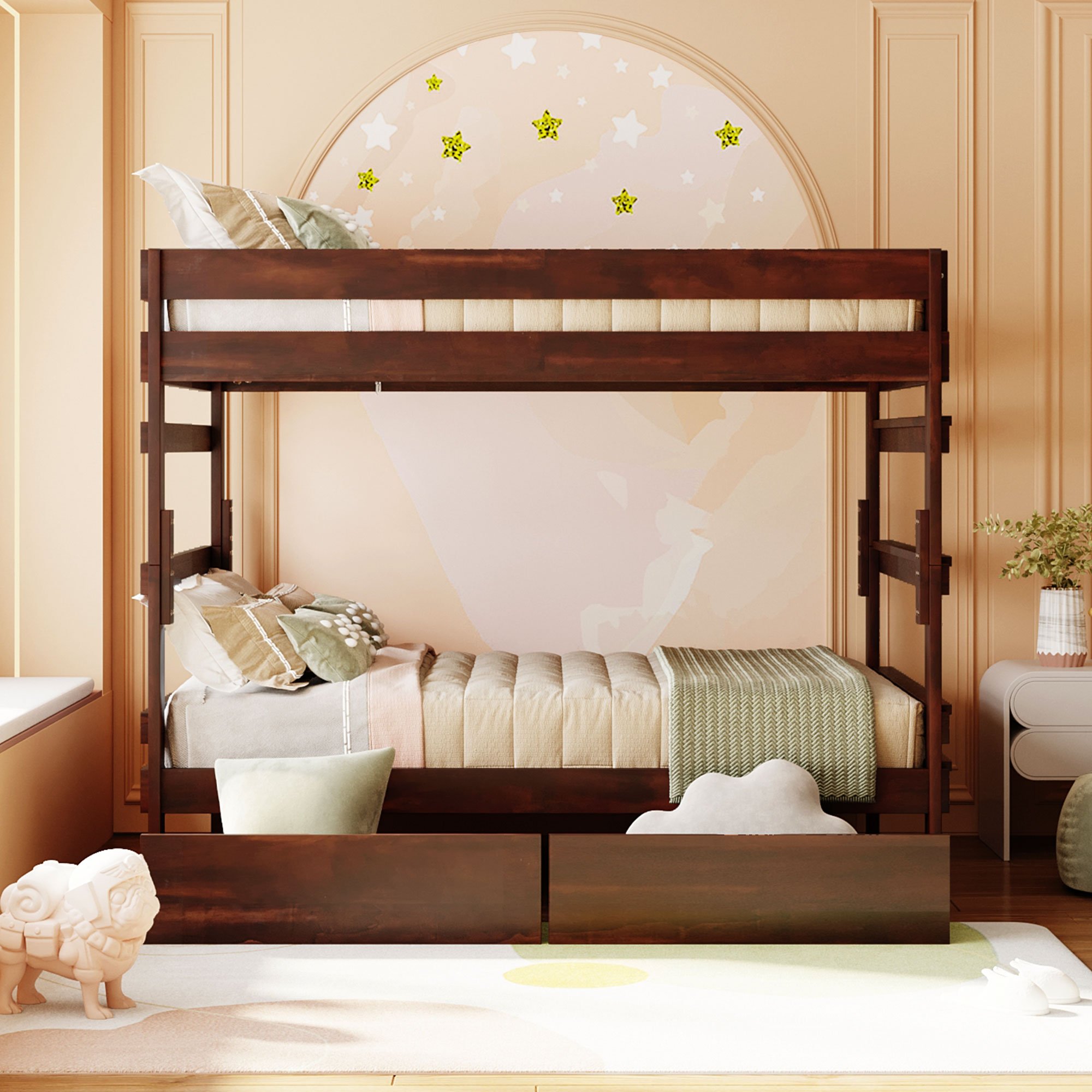 Wooden Full Over Full Bunk Bed With 2 Drawers