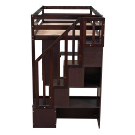 Twin Size Loft Bed With Storage Drawers And Stairs, and Shelves