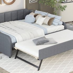 Full Size Upholstery Daybed with Trundle and USB Charging Design