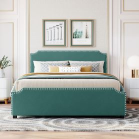 Upholstered Platform Bed With Stud Trim Headboard And Footboard And 4 Drawers