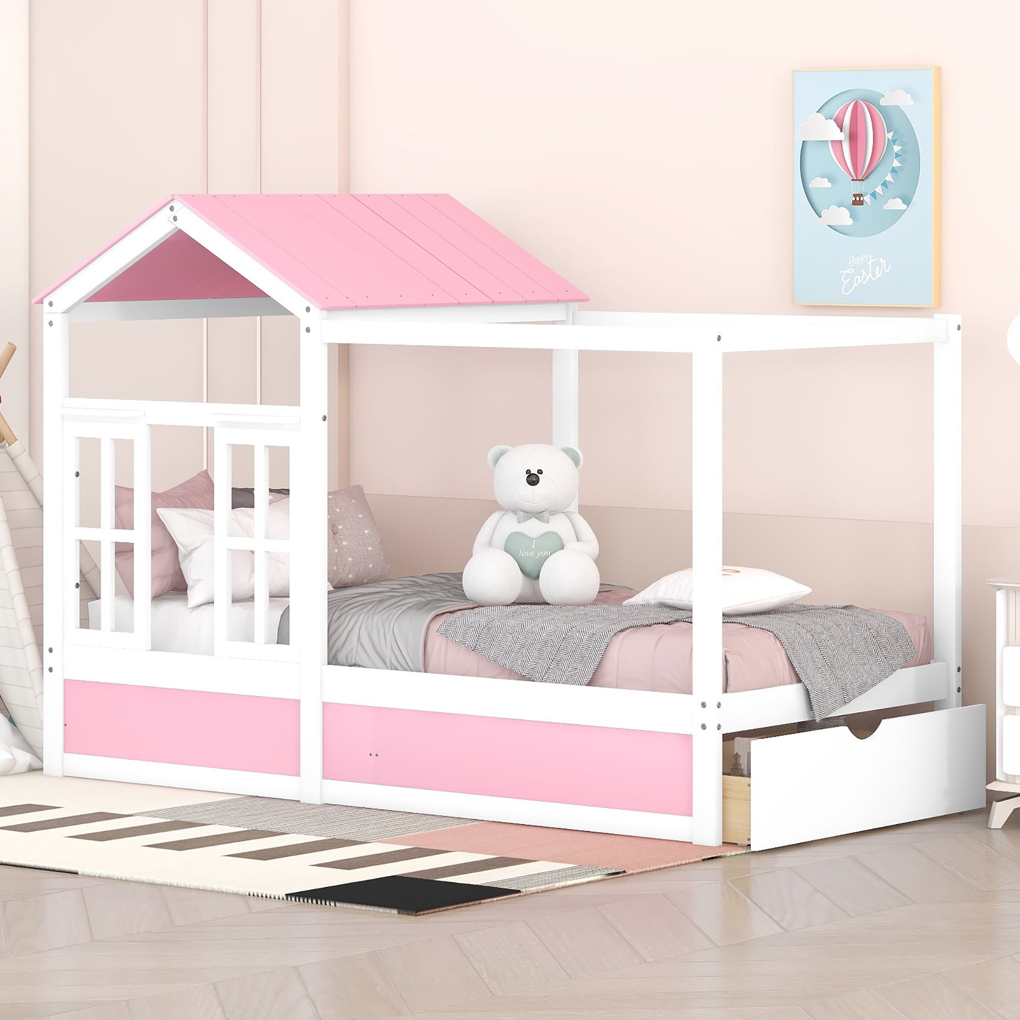 Twin Size House Bed With Roof, Window And Drawer