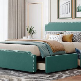 Upholstered Platform Bed With Stud Trim Headboard And Footboard And 4 Drawers