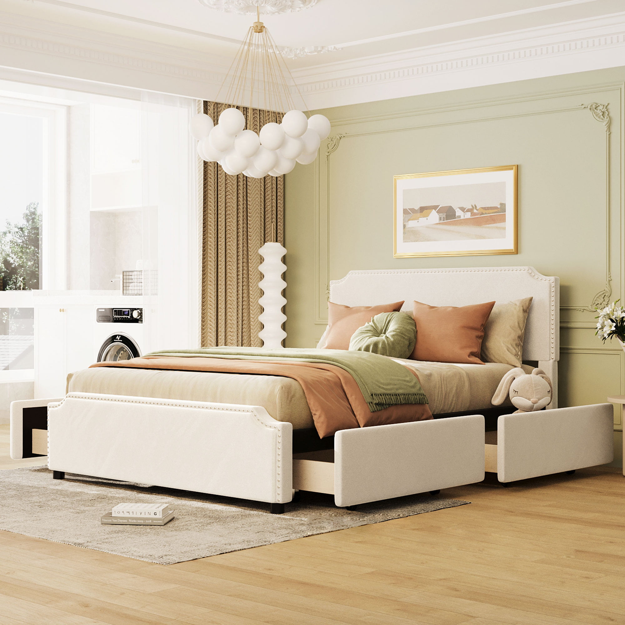 Upholstered Platform Bed With Stud Trim Headboard And Footboard And 4 Drawers