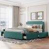 Upholstered Platform Bed With Stud Trim Headboard And Footboard And 4 Drawers