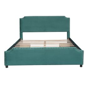 Upholstered Platform Bed With Stud Trim Headboard And Footboard And 4 Drawers