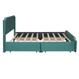 Upholstered Platform Bed With Stud Trim Headboard And Footboard And 4 Drawers