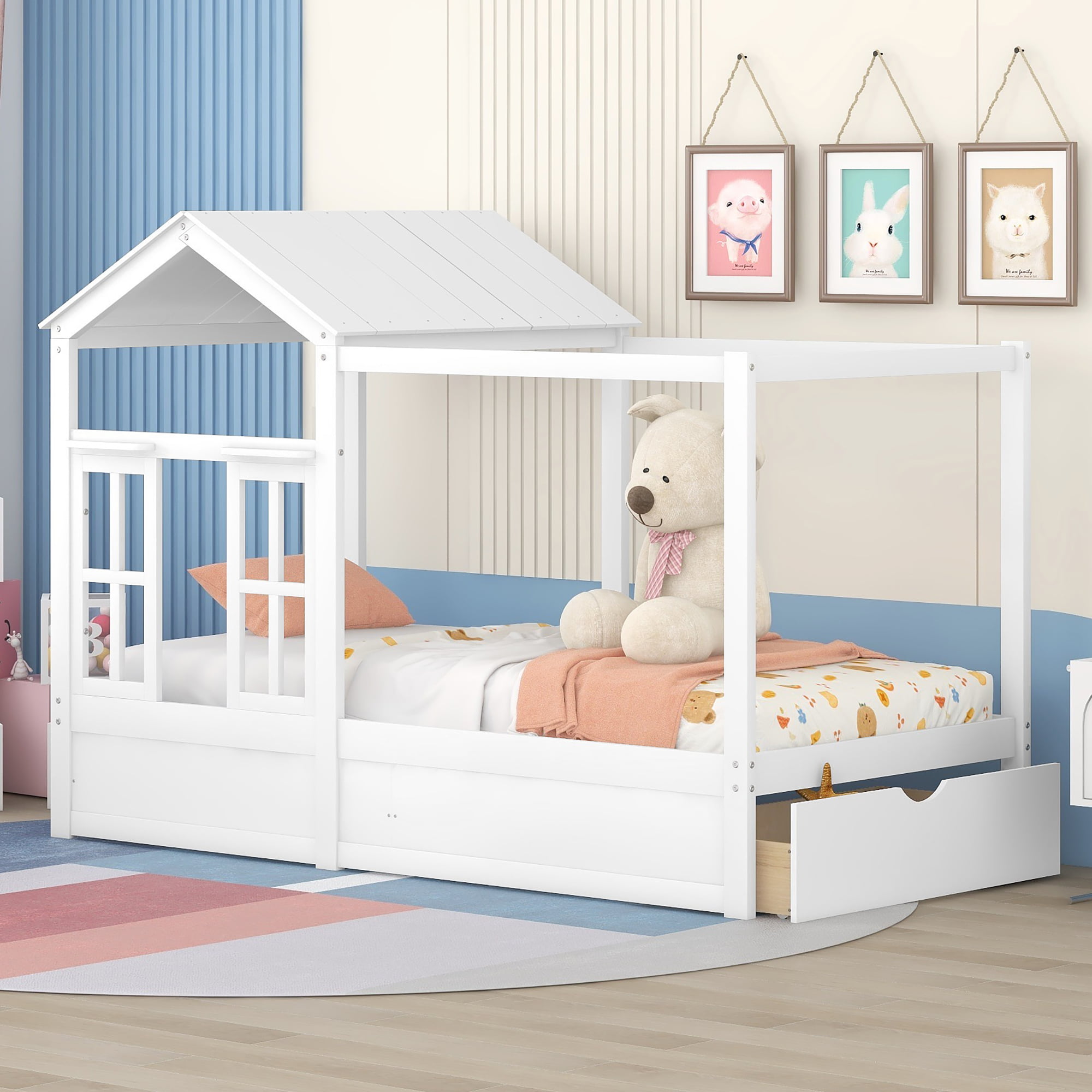 Twin Size House Bed With Roof, Window And Drawer