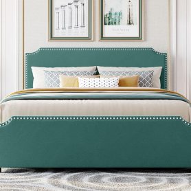 Upholstered Platform Bed With Stud Trim Headboard And Footboard And 4 Drawers