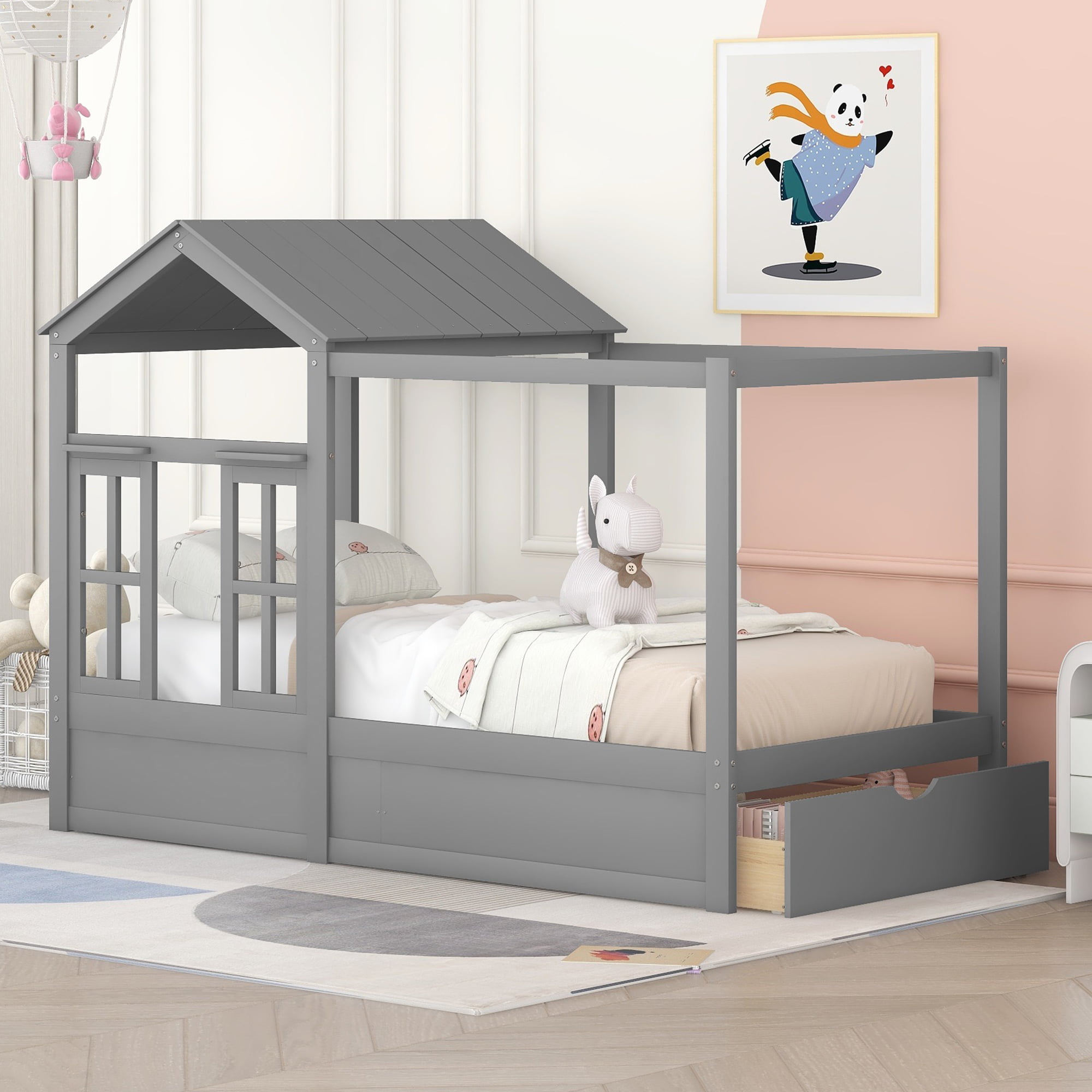 Twin Size House Bed With Roof, Window And Drawer