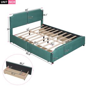 Upholstered Platform Bed With Stud Trim Headboard And Footboard And 4 Drawers