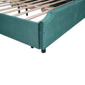 Upholstered Platform Bed With Stud Trim Headboard And Footboard And 4 Drawers