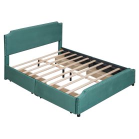 Upholstered Platform Bed With Stud Trim Headboard And Footboard And 4 Drawers