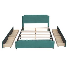 Upholstered Platform Bed With Stud Trim Headboard And Footboard And 4 Drawers