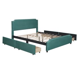 Upholstered Platform Bed With Stud Trim Headboard And Footboard And 4 Drawers