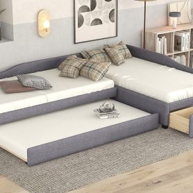 Upholstered Double Twin Size Daybed with Trundle and Drawer