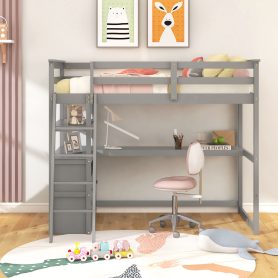 Twin Size Loft Bed With Desk And Shelves, 2 Built-in Drawers