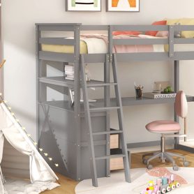 Twin Size Loft Bed With Desk And Shelves, 2 Built-in Drawers