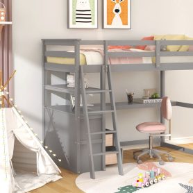 Twin Size Loft Bed With Desk And Shelves, 2 Built-in Drawers