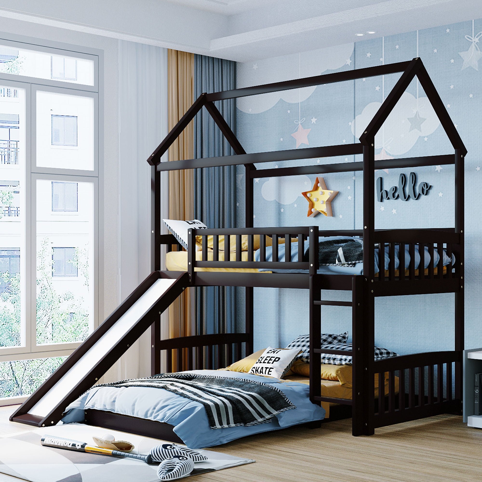 Twin Over Twin Bunk Bed with Slide, House Bed with Slide