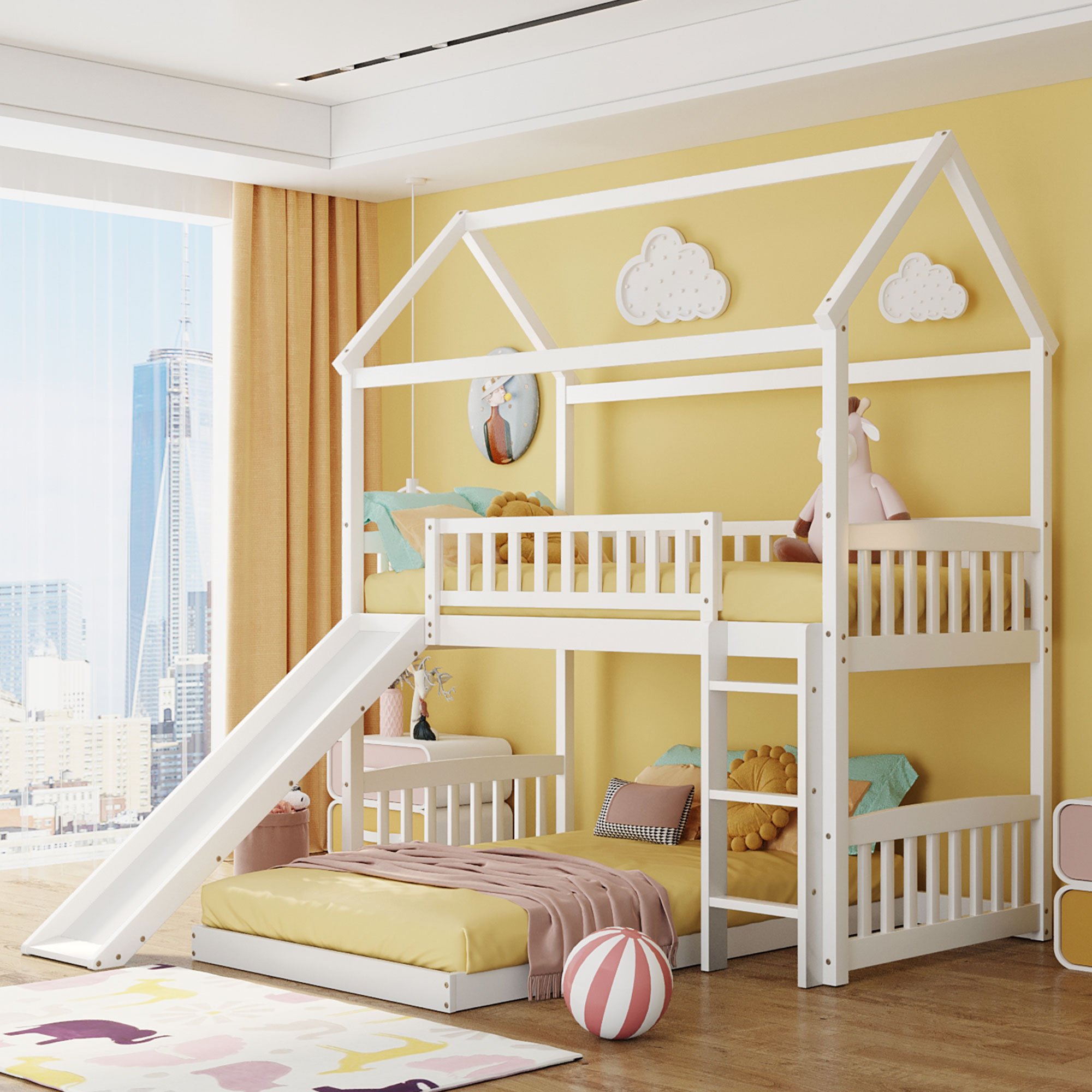Twin Over Twin Bunk Bed with Slide, House Bed with Slide